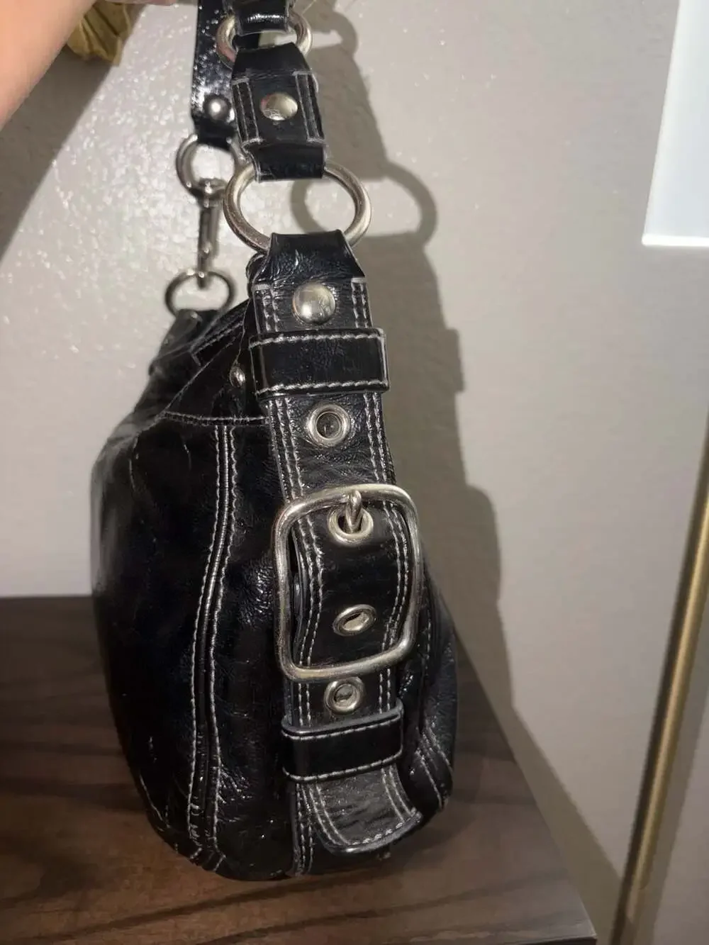 Coach Zoe Black Patent Leather Shoulder Bag with Silver Hardware